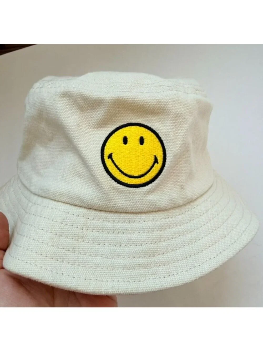 Smiley Face Embroidered Bucket Hat Cotton Beige